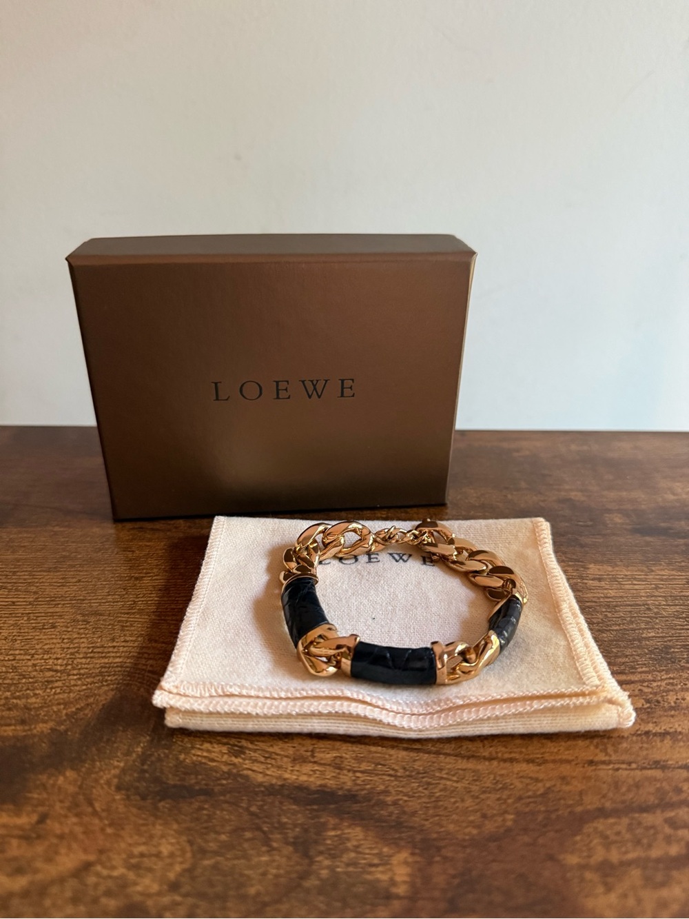 Loewe Gold Chain Bracelet with Black Leather Insets